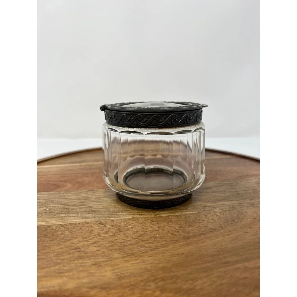Antique Glass Jar Ornate Metal Lid Portrait Miniature Art Deco Vanity‎ Container